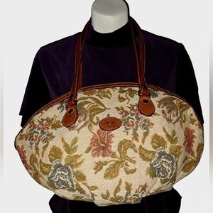 Liz Claiborne Cream and Brown Satchel with Vintage Floral Design